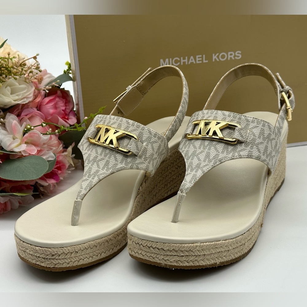 Michael Kors  Logo Canvas/Leather Wedge Sandal Vanilla NIB